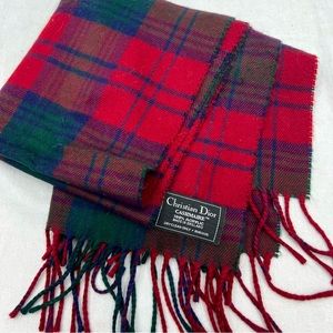 Christian Dior Red Blue Green Plaid Fringe Scarf 70” long 14” wide lightweight